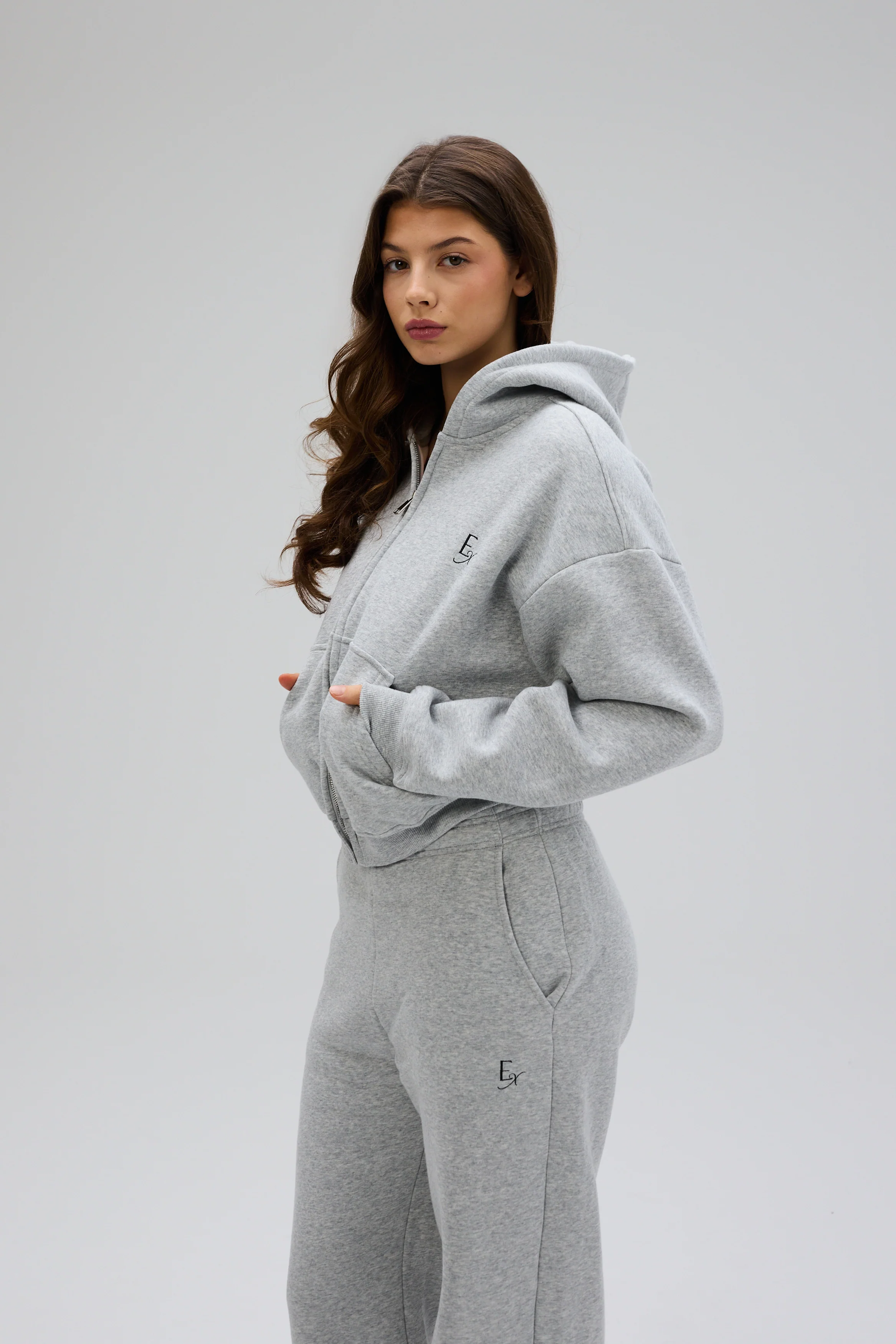 Cropped Zip Hoodie - Grey Melange